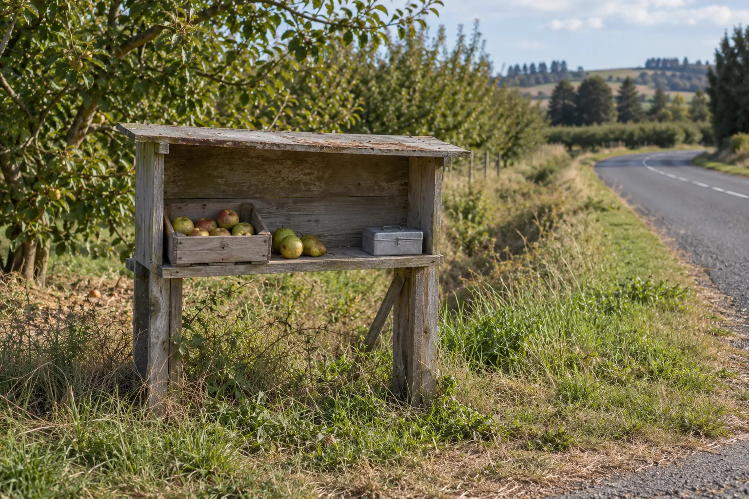 A weathered roadside shelf with a crate of apples and a small cash tin beside a country road.