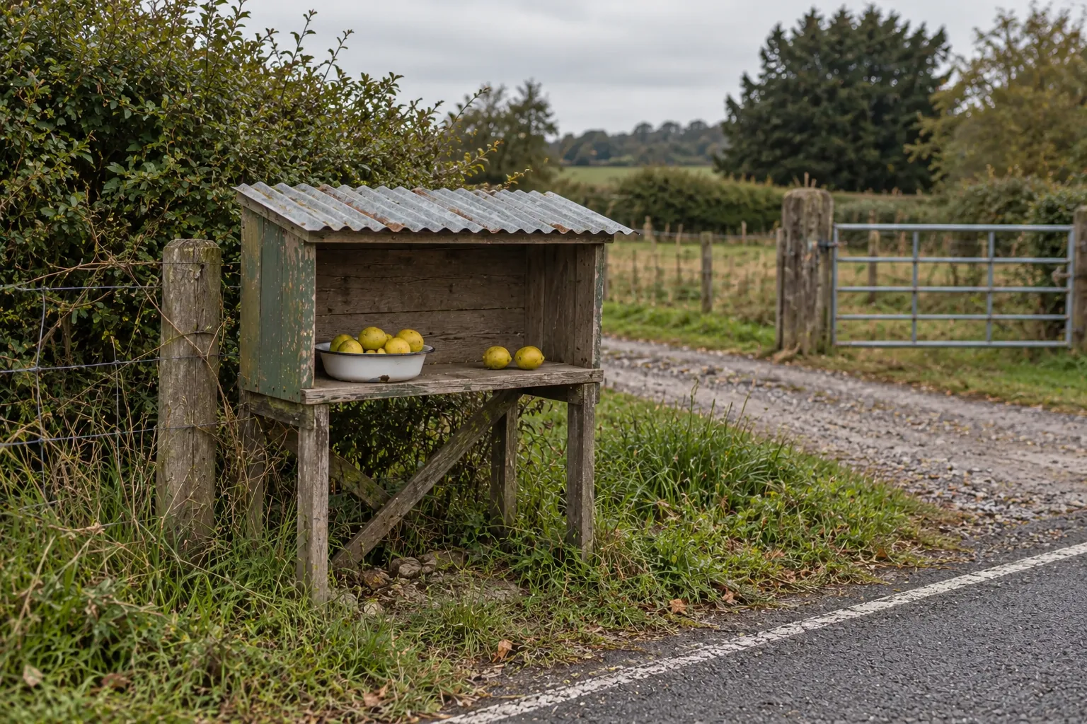 A small wooden roadside shelf with a bowl of lemons beside a country road.