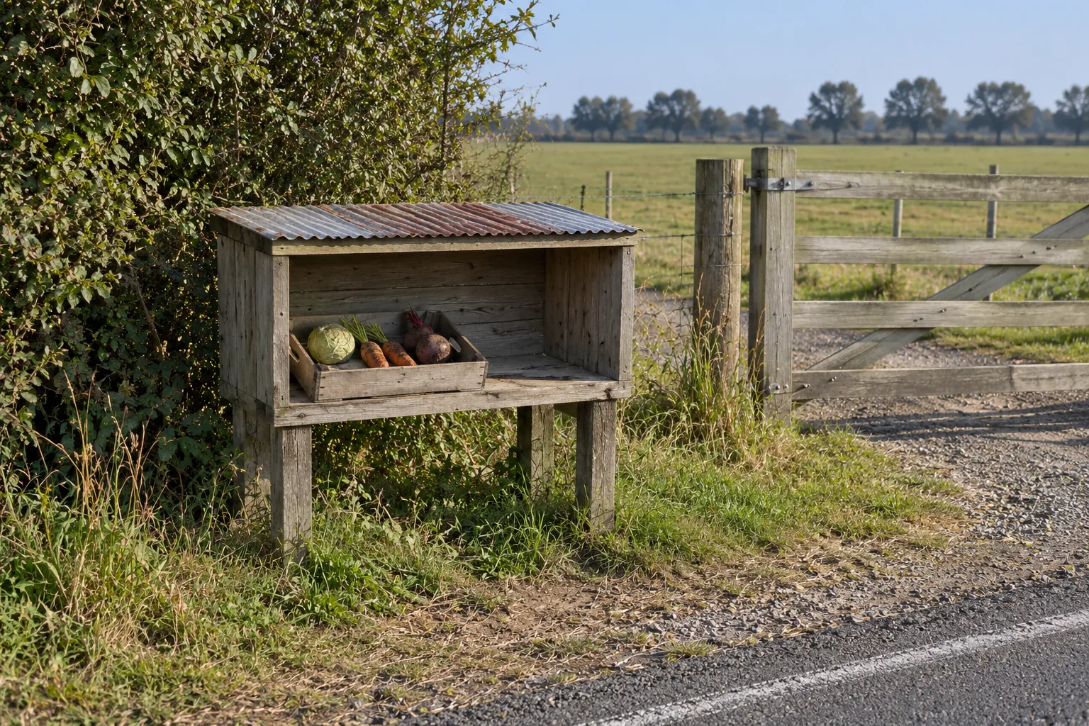 A tin-roofed roadside stall with a crate of cabbage, carrots and beetroot beside a farm gate.